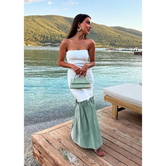 ZARA STRAPLESS Contrast Pleated White/Green Midi Dress